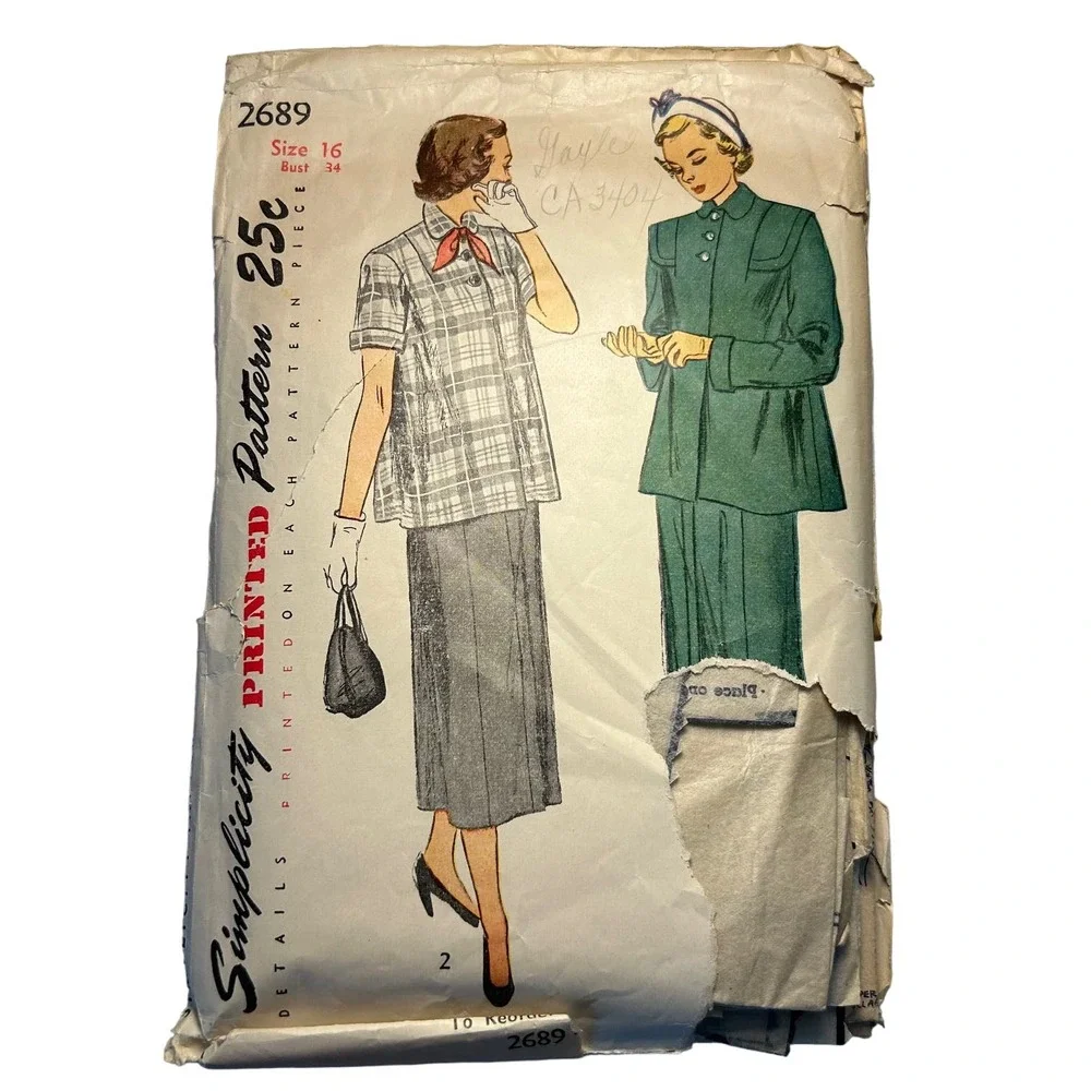 Simplicity Vintage 1940's Maternity Pattern‎ #2689 2 Piece Suit Size 16